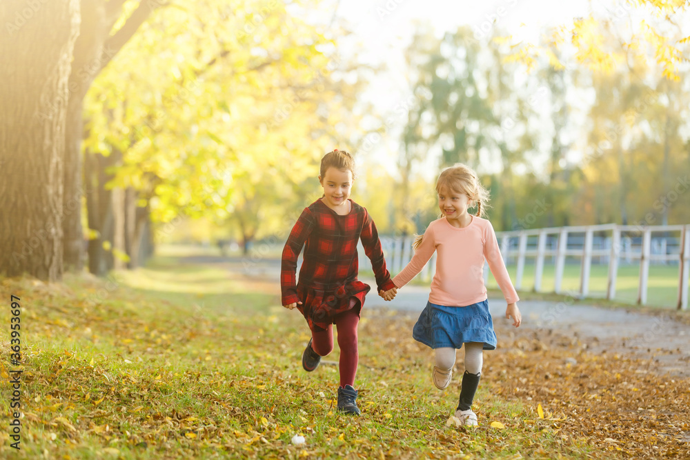 Fototapeta premium two little girls in autumn park