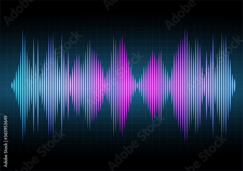 Frequency of the blue and purple sound wave on a black background with grid. Neon. Music waves. Stock vector illustration.