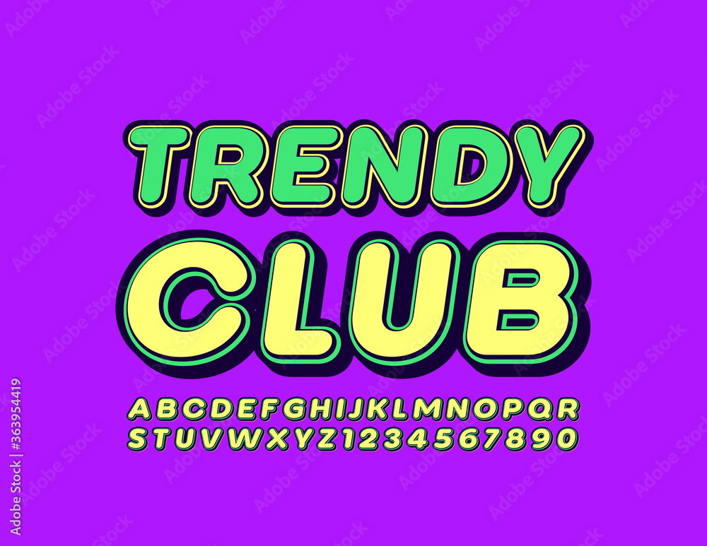 Vector bright poster Trendy Club. Youth modern Font. Yellow Alphabet letters and Numbers