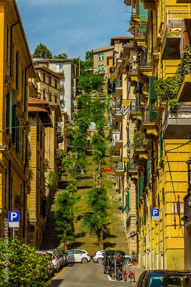 A view of the steps leading up to the castle in La Spezia, Italy in the summertime