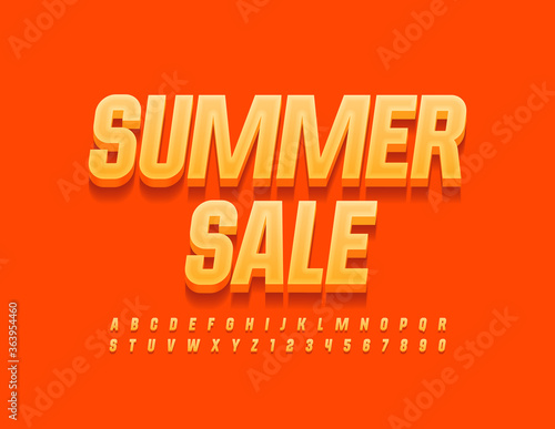 Vector seasonal banner Summer Sale. Bright Orange Font. 3D Alphabet Letters and Numbers set