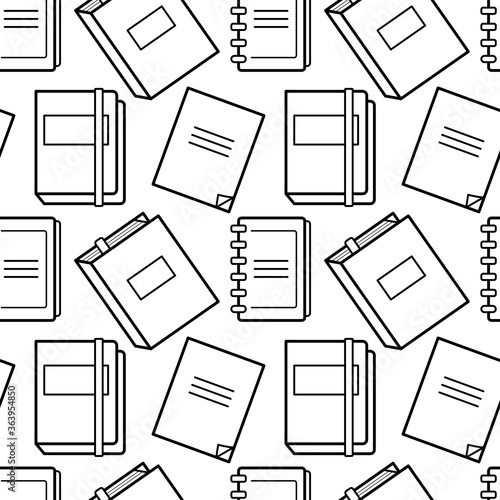 Seamless pattern with Notepad, notebooks, diaries, and sketchbooks on a white background. Outline vector illustration