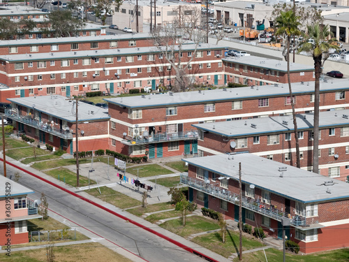 Architectual vew of old city owned public housing project near downtown Los Angeles in Southern California.