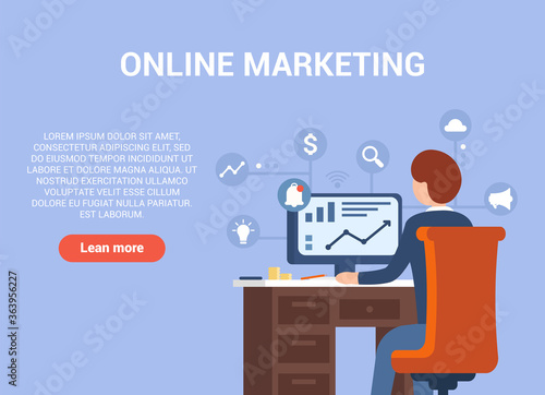 Modern vector concept of online marketing on a blue background. A man sits at a computer and works, trying to sell a product. Minimalist style. Digital illustration for sites and mobile applications.