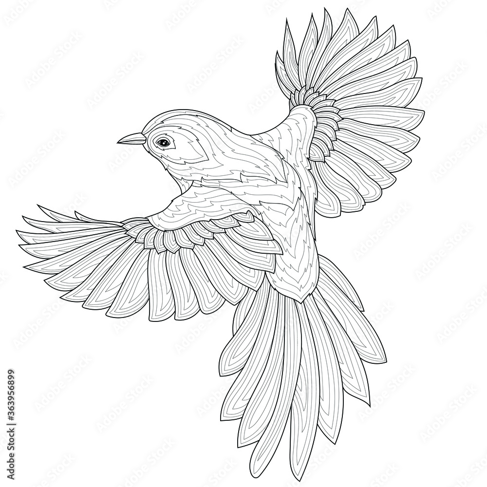 Obraz premium The bird is flying.Coloring book antistress for children and adults. Zen-tangle style.Black and white drawing