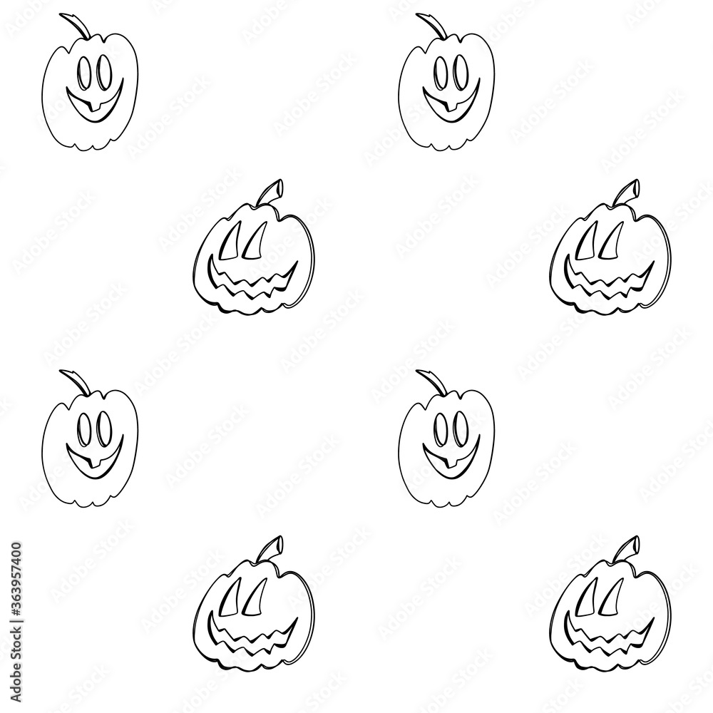 Cute kawaii square seamless halloween holiday pattern with pumpkin on a white background. Digital doodle outline art. Print for fabric, packaging, advertising, banner, wrapping paper, stationery. Cute kawaii square seamless halloween holiday pattern with pumpkin on a white background. Digital doodle outline art. Print for fabric, packaging, advertising, banner, wrapping paper, stationery.