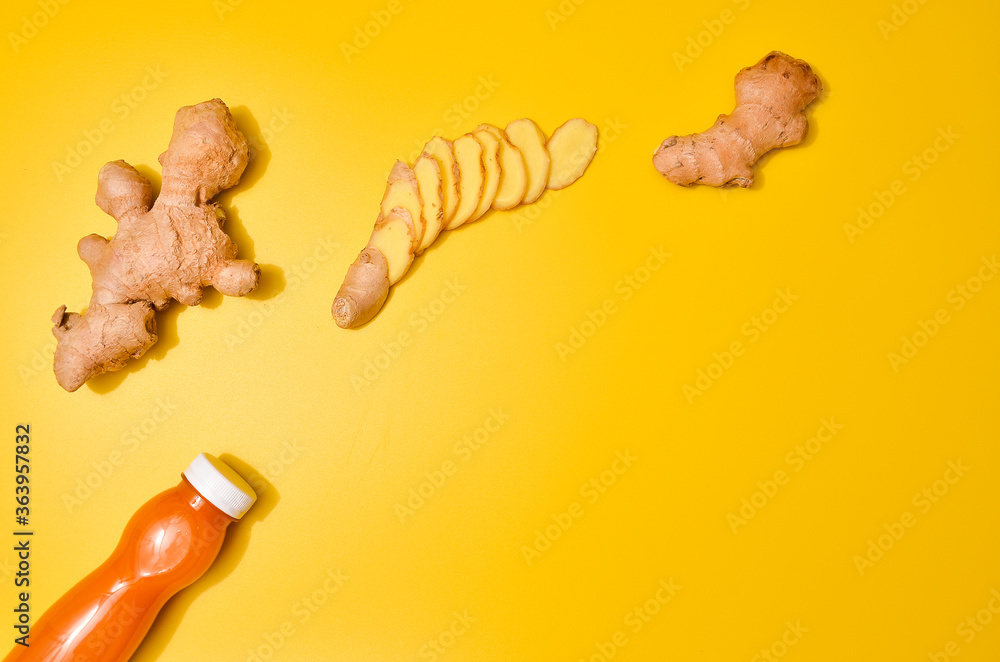 Fototapeta premium Ginger in different conditions: fresh, dry root, pills and cut plant on pastel yellow orange background.