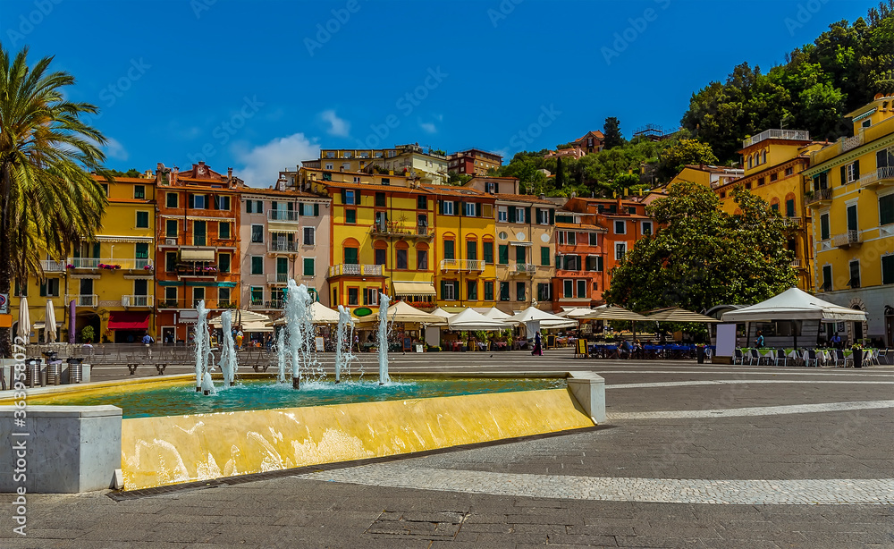 A view across the central square in Lerici, Italy in the summertime