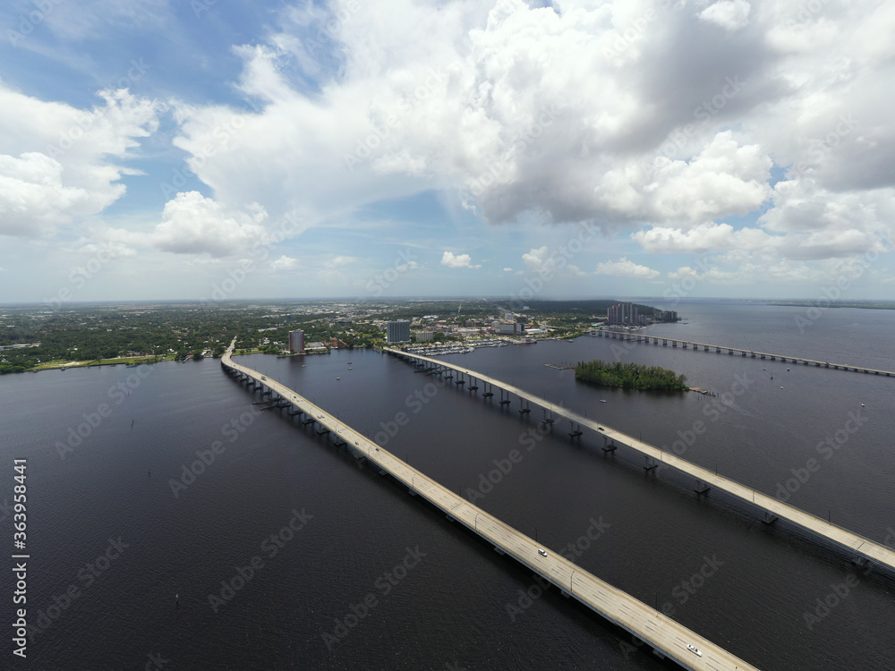 Aerial photo bridges to Fort Myers Florida over the Caloosahatchee River