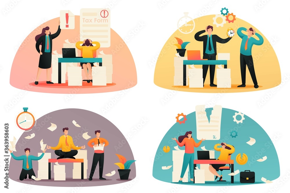 Flat 2D concepts Time of tax payments, Completing the tax form, Stressful situation. Concept for web design Flat 2D concepts Time of tax payments, Completing the tax form, Stressful situation. Concept for web design