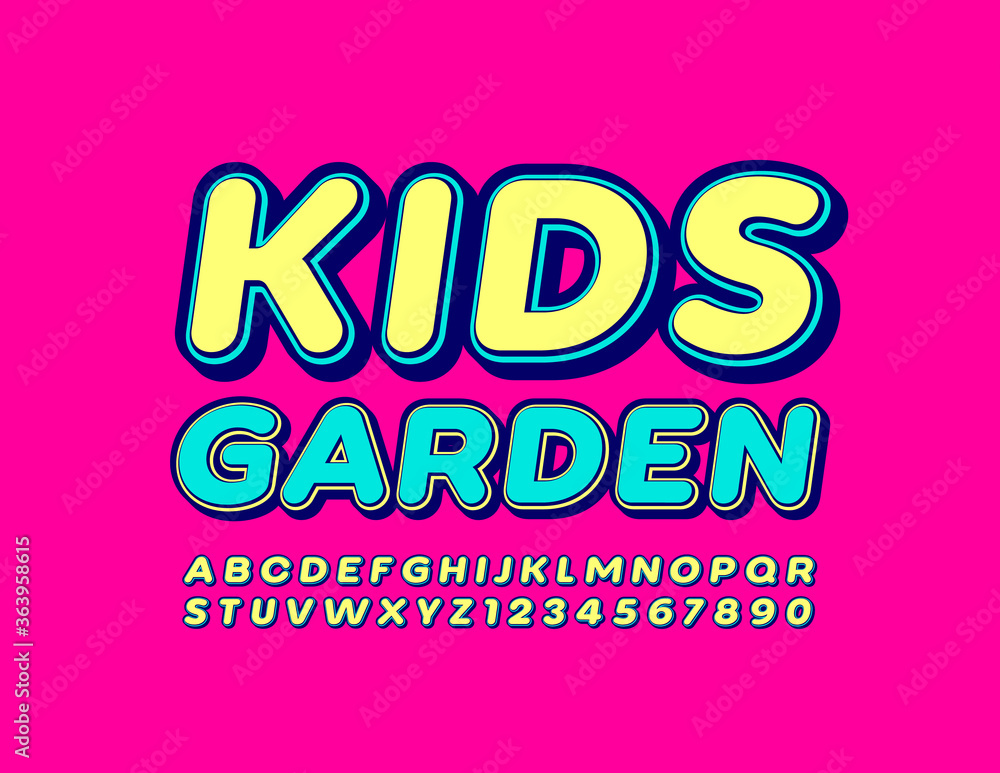 Vector Education banner Kids Garden with Trendy Font. Bright Alphabet Letters and Numbers Vector Education banner Kids Garden with Trendy Font. Bright Alphabet Letters and Numbers