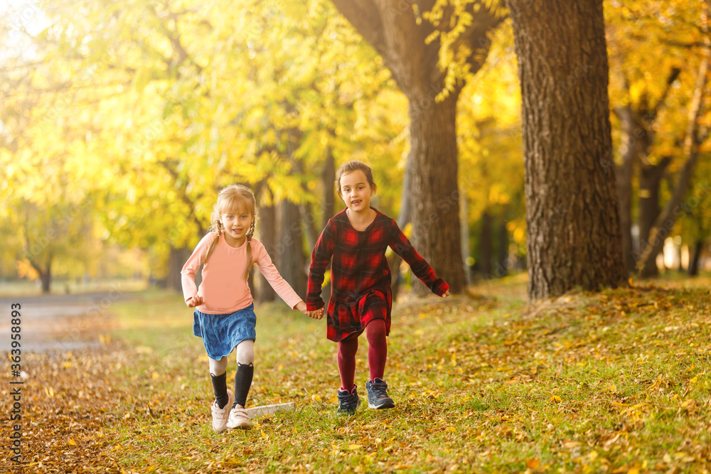 Fototapeta premium two little girls in autumn park
