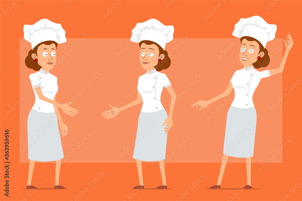 Cartoon flat funny chef cook woman character in white uniform and baker hat. Girl shaking hands and showing hello gesture. Ready for animation. Isolated on orange background. Vector set. Cartoon flat funny chef cook woman character in white uniform and baker hat. Girl shaking hands and showing hello gesture. Ready for animation. Isolated on orange background. Vector set.