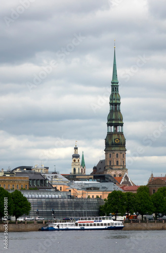 Riga, Latvia. View of St. Peter's Church across the Daugava River..