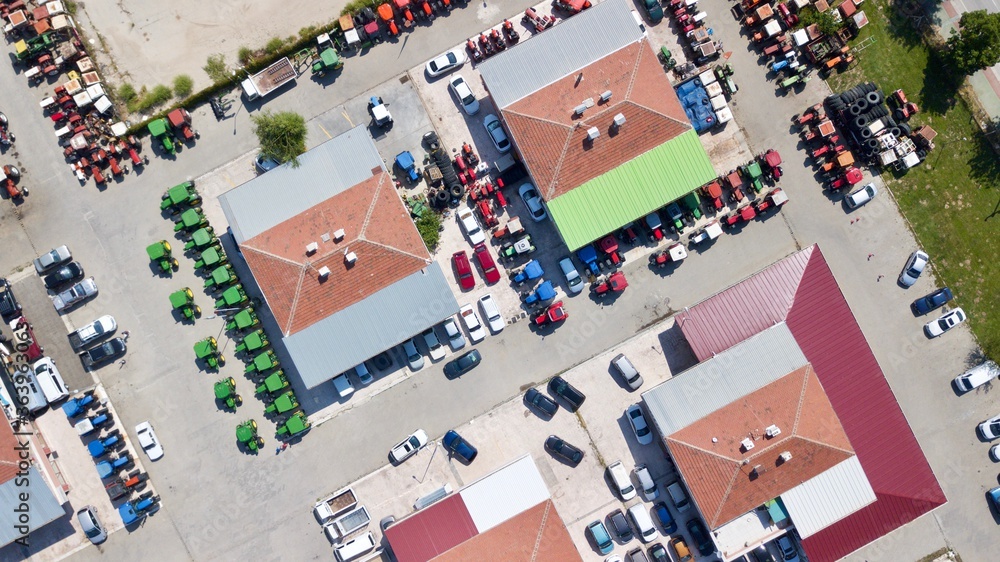 Aerial view of brand new and second hand car dealers site Aerial view of brand new and second hand car dealers site