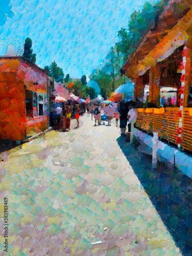 the road with booths on the sides and people walking stylized in oil © Julia