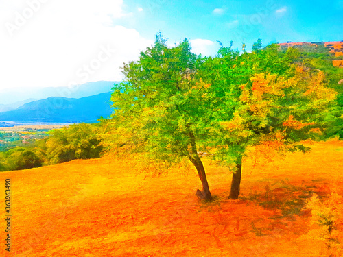 Trees on a bright yellow hill with a blue sky and thunder in the background stylized as a watercolor with the texture of a real canvas