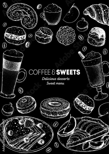 Coffee shop menu design. Hand drawn sketch illustration. Coffee and desserts. Cafe menu elements. Desserts for breakfast.
