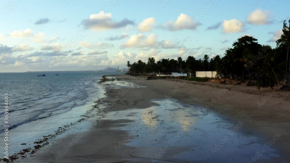 Beautiful aerial drone dolly in shot along a tropical coastline and with skyscrapers in the distance behind a bunch of palm trees, located in the city of Joao Pessoa in Northern Brazil
