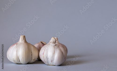 garlic lies on a gray background. Photographed at close range. . High quality photo