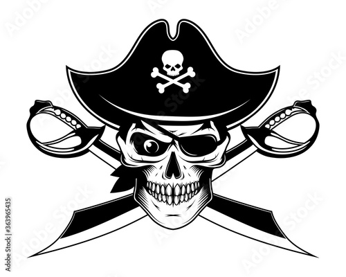 Bearded evil pirate. Sabers crosswise. Captain logo. Pirate Eye. Buccaneer hat. Vintage sailor character. Filibuster face. Freebooter. Monochrome style. Vector graphics to design.