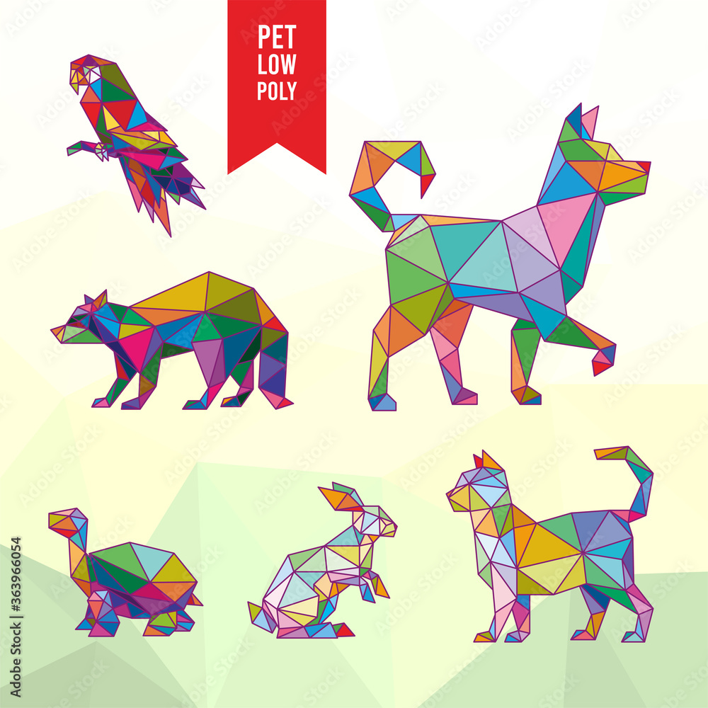 Obraz premium BIRD RACOON DOG TURTLE RABBIT CAT ANIMAL PET POP ART LINE LOW POLY LOGO ICON SYMBOL. TRIANGLE GEOMETRIC POLYGON