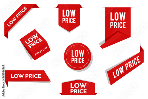 Low price tags, vector red labels isolated on white background. Flat modern banners for advertising. Stock illustration