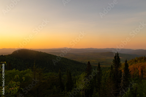 Beautiful view from the summit of  La Chouenne  mountain at sunrise in Charlevoix  Quebec