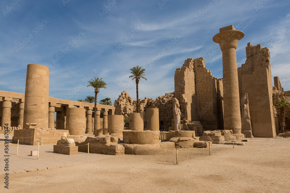 Ancient ruins of the Karnak Temple in Luxor (Thebes), Egypt. The largest temple complex of antiquity in the world. UNESCO World Heritage