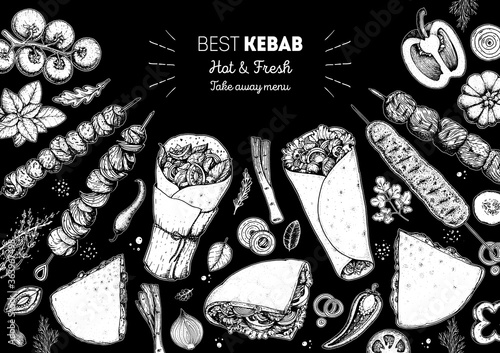 Doner kebab and ingredients for kebab, sketch illustration. Arabic cuisine frame. Fast food menu design elements. Shawarma hand drawn frame. Middle eastern food.