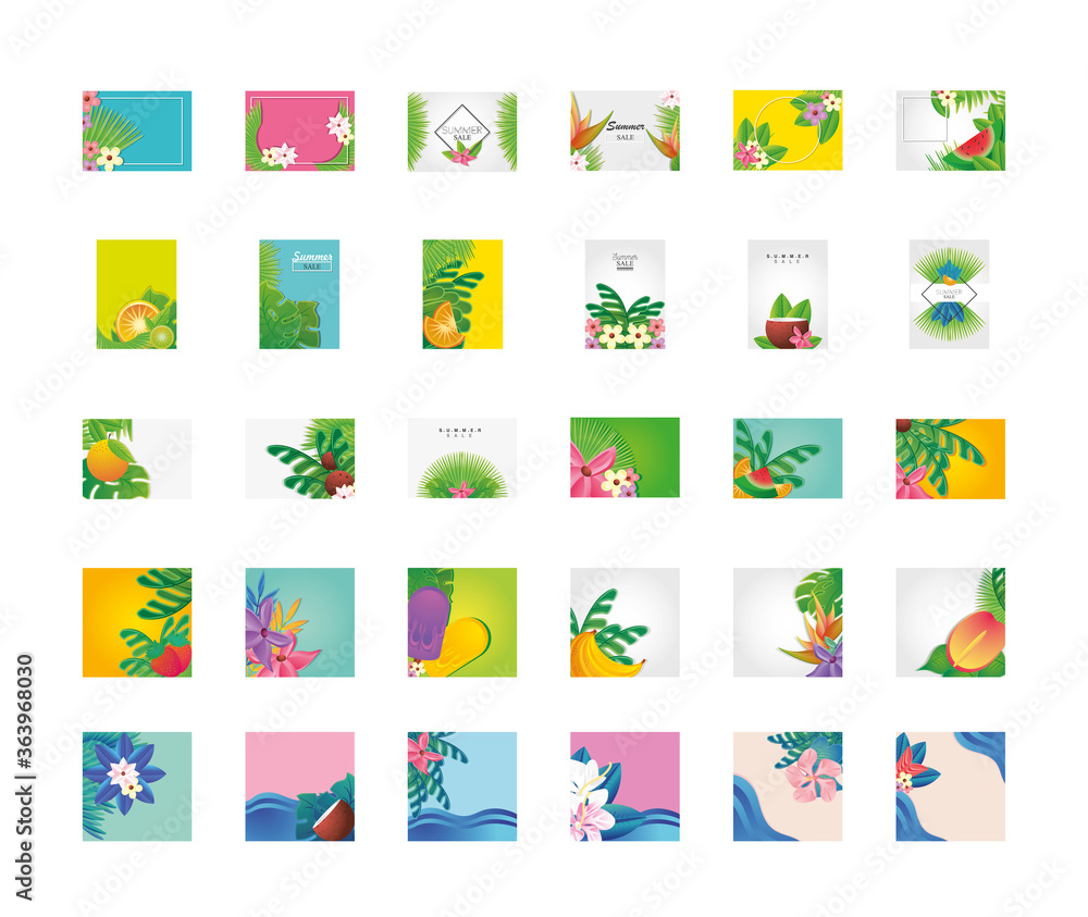 set of templates summer with flowers, fruits and symbols of summer set of templates summer with flowers, fruits and symbols of summer