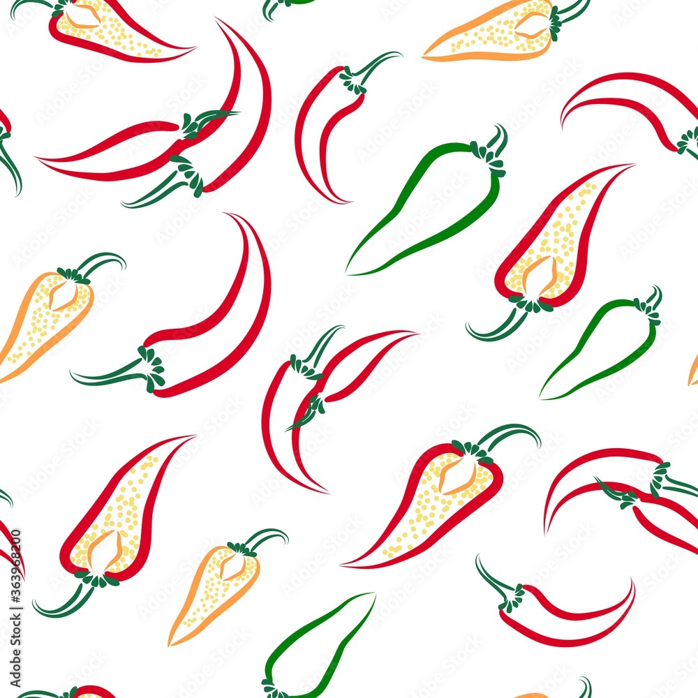 Abstract contours of chili peppers on a white background.Vector, seamless pattern. For the design of wallpaper, fabric, wrapping paper. Abstract contours of chili peppers on a white background.Vector, seamless pattern. For the design of wallpaper, fabric, wrapping paper.