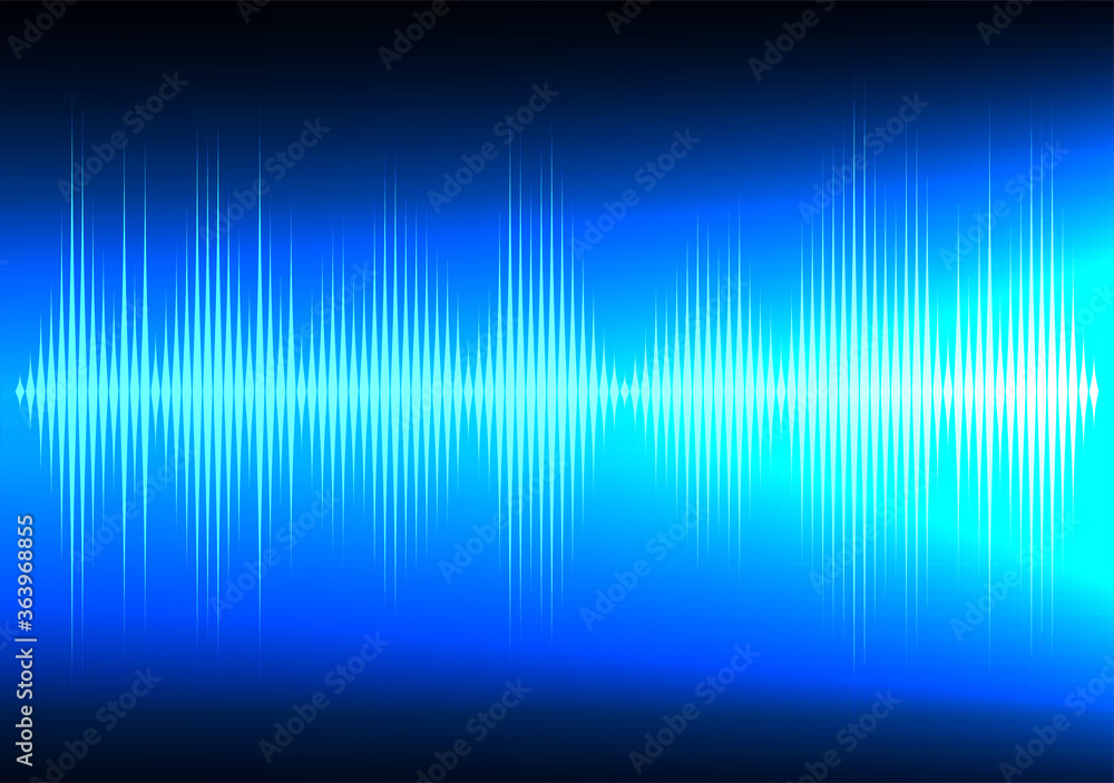 Frequency of the blue sound wave on a black background with grid. Neon. Music waves. Stock vector illustration.