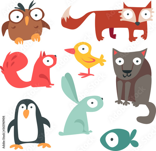 Set of cute big-eyed domestic and wild animals. Vector flat illustrations