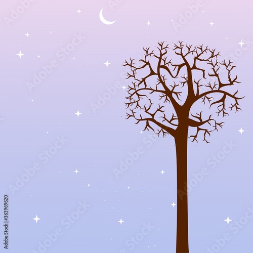 Blue and purple landscape with silhouettes of dry trees, tree branches, moon and stars in the sky. Background vector illustration for greeting card, poster, nature theme and wallpaper. © Amanda112