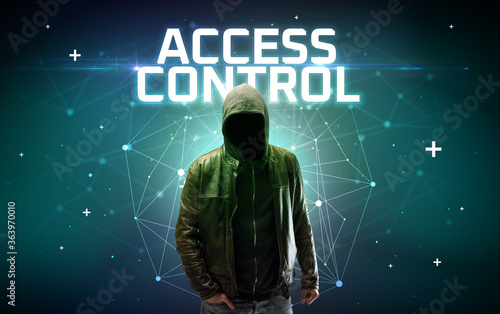 Mysterious hacker with ACCESS CONTROL inscription, online attack concept inscription, online security concept