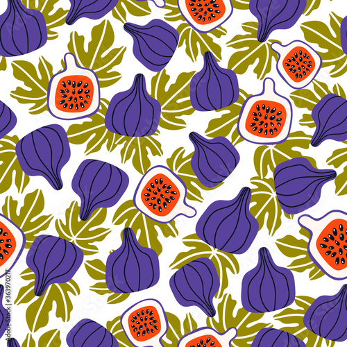 Stylized figs and fig leaves isolated on a white background. Slices in a cut. Vector seamless pattern with fruits. Perfect for textile, wrapping paper, wallpaper. © kindbird