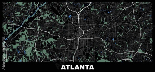 Atlanta map. Horizontal map of Atlanta city poster streets, water, woods.