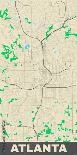 Atlanta map. Vertical map of Atlanta city poster streets, water, woods.