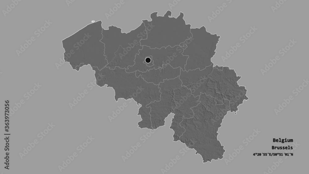 Vlaams Brabant, province of Belgium, with its capital, localized, outlined and zoomed with informative overlays on a bilevel map in the Stereographic projection. Animation 3D Vlaams Brabant, province of Belgium, with its capital, localized, outlined and zoomed with informative overlays on a bilevel map in the Stereographic projection. Animation 3D