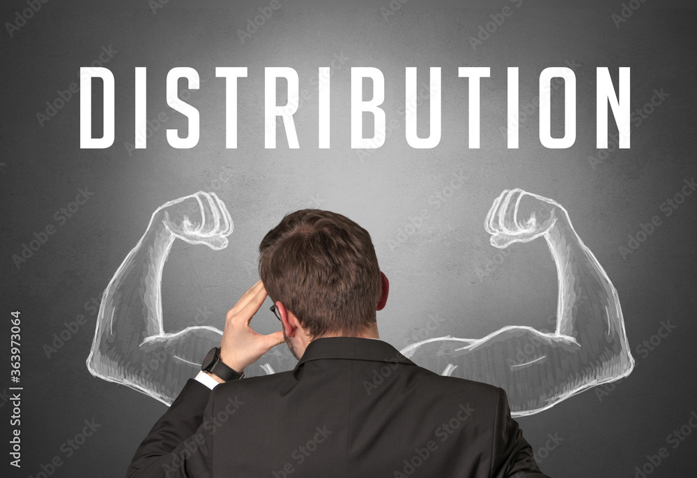 Rear view of a businessman with DISTRIBUTION inscription, powerfull business concept