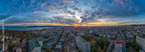 Amazing aerial panoramic view of sunset over the city Varna, Bulgaria.