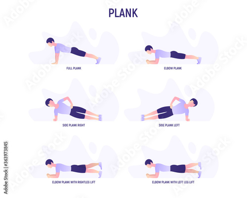 Full plank, side plank and man in elbow plank with leg lift. Flat icon. Guide for workout. Training for muscles of the back and abs. Vector illustration.