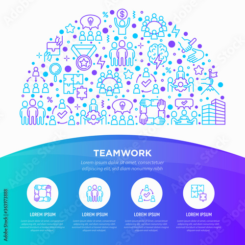 Teamwork concept in half circle with thin line icons: relay race, brainstorm, success, meeting, idea share, collaboration, joint project, unity, support, delegation, bonus. Modern vector illustration.