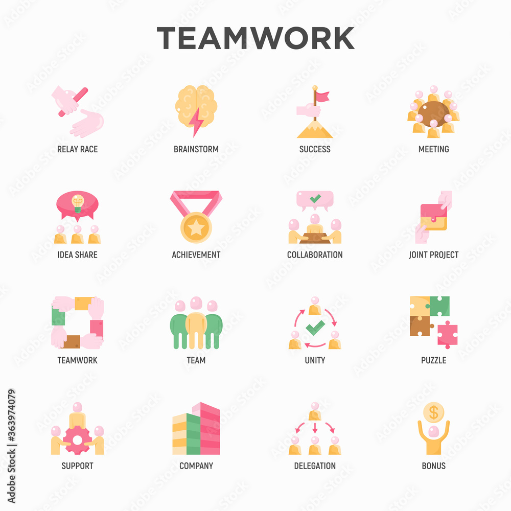 Teamwork flat icons set: relay race, brainstorm, success, meeting, idea share, collaboration, joint project, unity, support, delegation, bonus. Modern vector illustration.