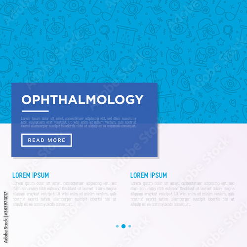 Ophthalmology concept with thin line icons: laser eye surgery, eye test, eye drops, contact lenses, cataract, astigmatism, phoropter, autorefractometer, farsightedness. Vector illustration.