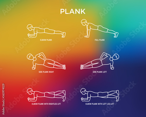 Full plank, side plank and man in elbow plank with leg lift. Thin line icons. Guide for workout. Training for muscles of the back and abs. Vector illustration.