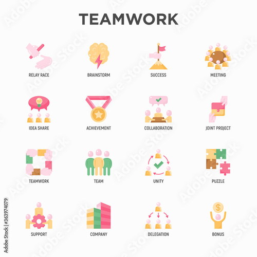 Teamwork flat icons set: relay race, brainstorm, success, meeting, idea share, collaboration, joint project, unity, support, delegation, bonus. Modern vector illustration.