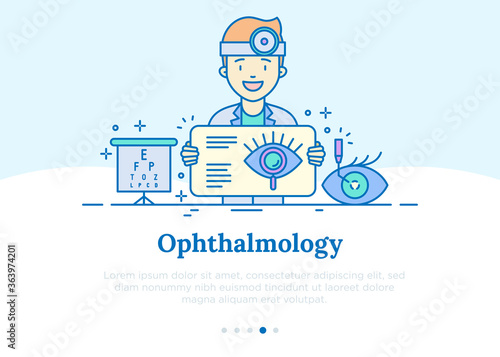 Ophthalmology concept. Doctor tells about laser eye surgery. Thin line icons. Vector illustration.
