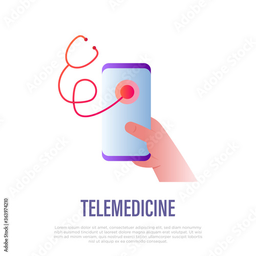 Telemedicine: hand holding smartphone with stethoscope on screen. Online consultation. Gradient icon. Non-contact diagnostics. Vector illustration.